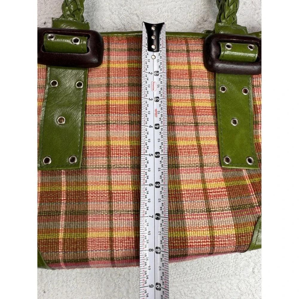 Plaid Tote‎ Bag Green Faux Leather Trim Braided Handles